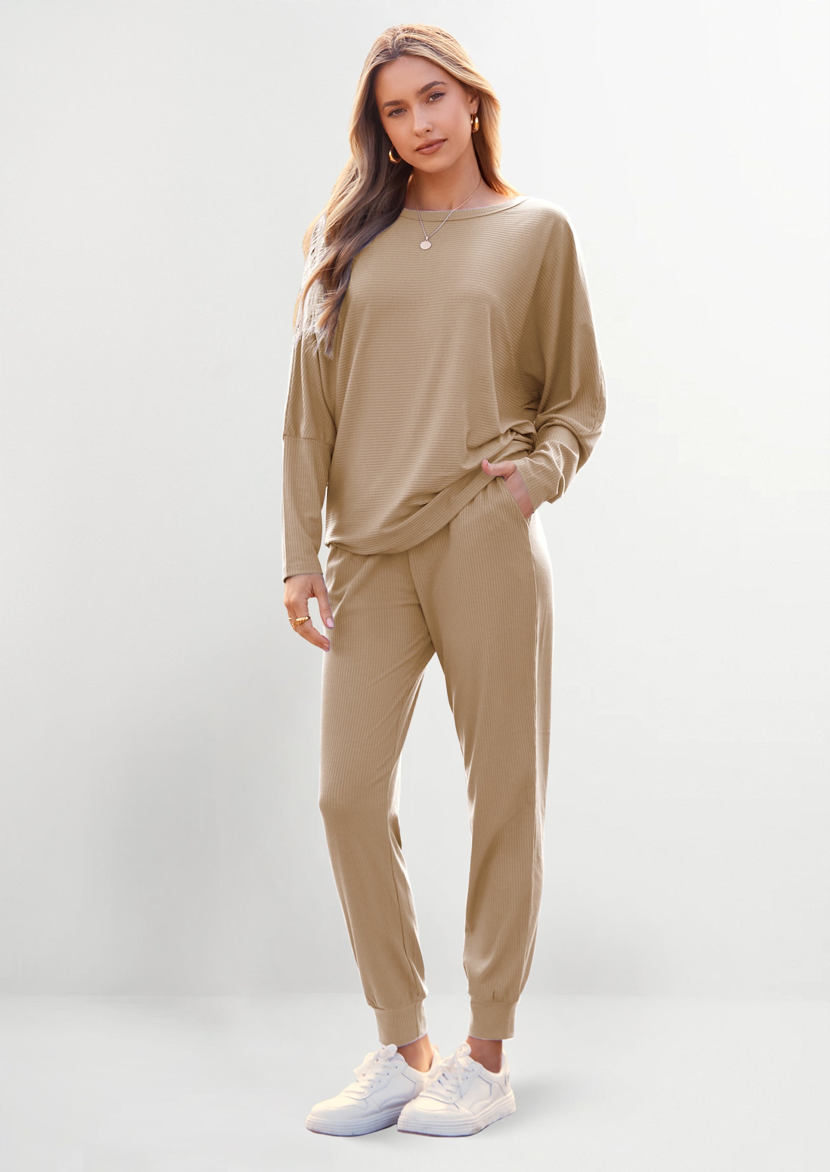 PRETTYGARDEN Women's Fall 2 Piece Lounge Set Long Sleeve Tops Ribbed Pants Spring Matching Sweatsuit Travel Outfits Clothes