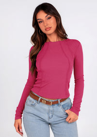KIRUNDO Ribbed Long Sleeve Tops for Women Stretch Slim Basic Crop Tee Exposed Seams Spring Fall Fashion Trendy Tshirt