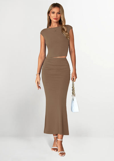 PRETTYGARDEN Summer 2 Piece Sets for Women Going Out Casual Cap Sleeve Crop Tops Ruched Maxi Long Skirts Spring Outfits