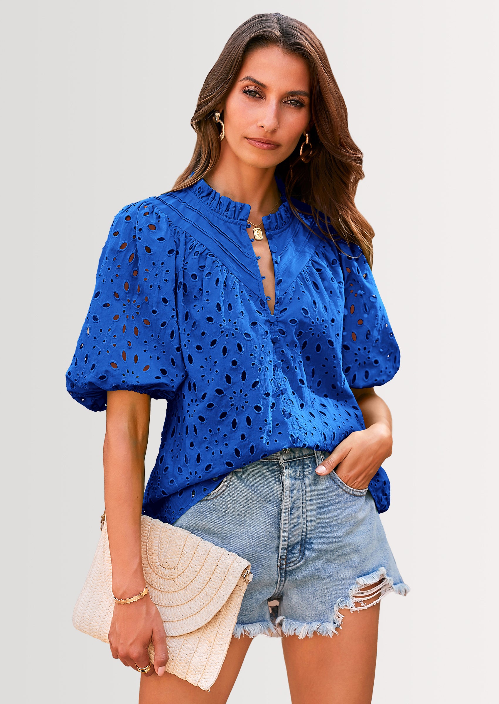 PRETTYGARDEN Women's Summer Short Sleeve Tops Dressy Casual Buttons V Neck Hollow Out Lace Embroidered Blouses Shirts