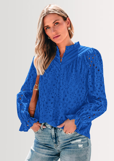 PRETTYGARDEN Women's Dressy Casual Blouse Tops Fall Spring Puff Long Sleeve Button V Neck Hollow Out Lace Embroidered Shirts