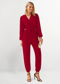 PRETTYGARDEN Women's Fall Jumpsuits Dressy Casual Pants Romper Spring Long Sleeve V Neck Belt Pockets One Piece Outfits