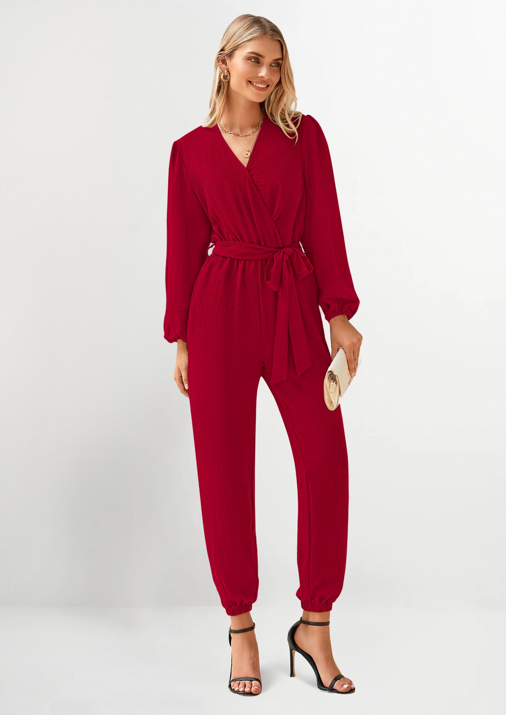 PRETTYGARDEN Women's Fall Jumpsuits Dressy Casual Pants Romper Spring Long Sleeve V Neck Belt Pockets One Piece Outfits