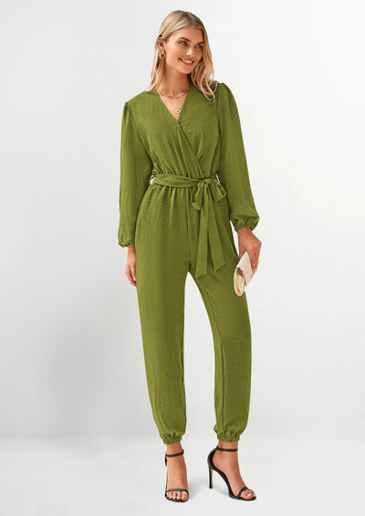 PRETTYGARDEN Women's Fall Jumpsuits Dressy Casual Pants Romper Spring Long Sleeve V Neck Belt Pockets One Piece Outfits