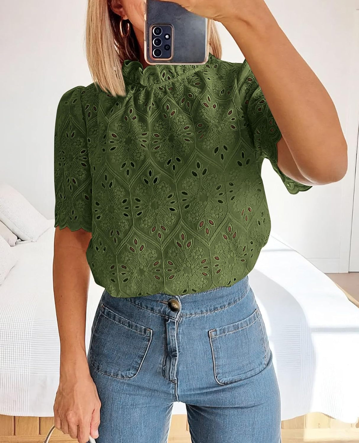 Women Trendy Short Sleeve Eyelet Embroidered Dressy Casual Blouse