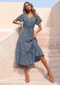 PRETTYGARDEN Summer Floral Dress for Women Casual Boho Short Sleeve Maxi Dresses V Neck Tiered Flowy Beach Sundress