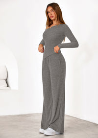 PRETTYGARDEN Casual Two Piece Sets for Women Fall Outfits Asymmetrical Off Shoulder Tops Wide Leg Pants Knit Lounge Set