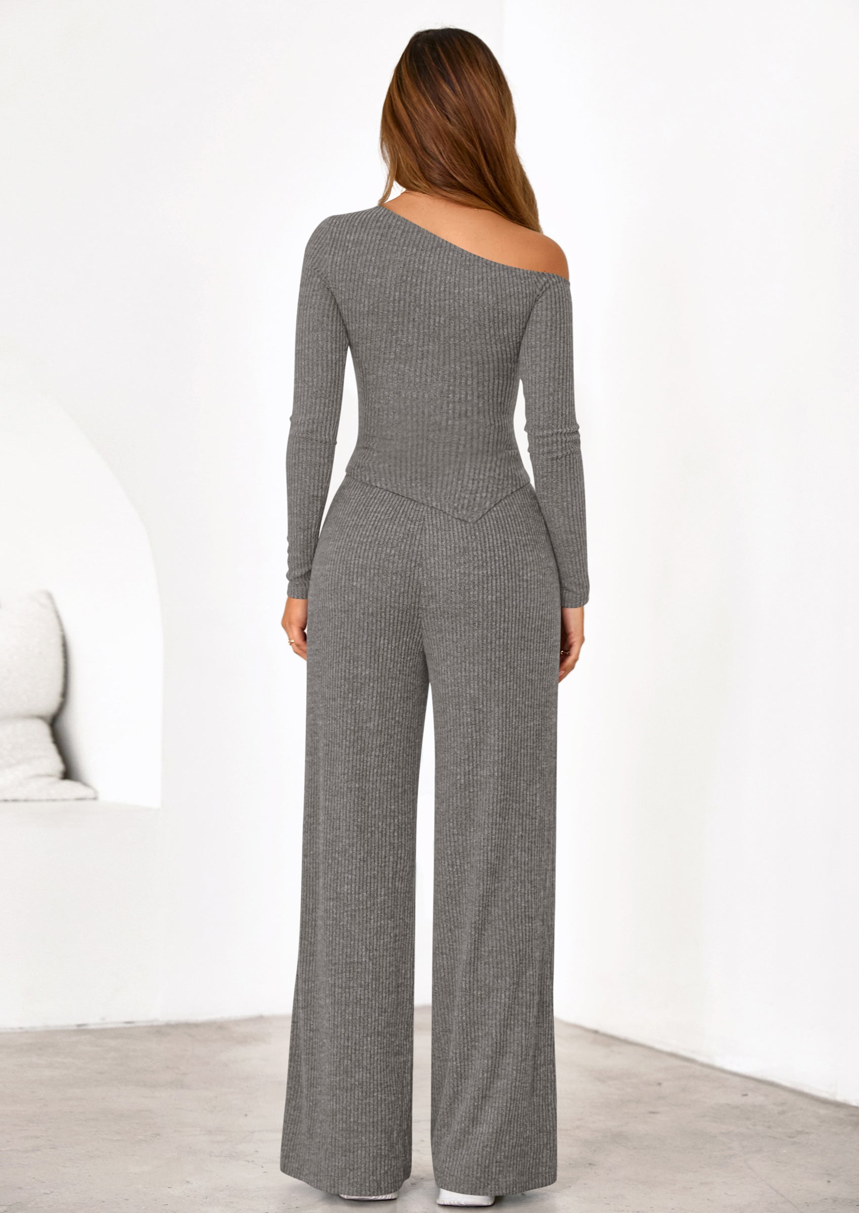 PRETTYGARDEN Casual Two Piece Sets for Women Fall Outfits Asymmetrical Off Shoulder Tops Wide Leg Pants Knit Lounge Set