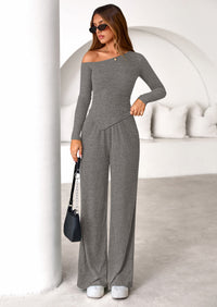 PRETTYGARDEN Casual Two Piece Sets for Women Fall Outfits Asymmetrical Off Shoulder Tops Wide Leg Pants Knit Lounge Set