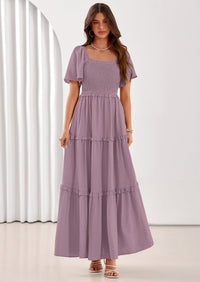 PRETTYGARDEN Summer Dresses for Women Boho Swiss Dot Smocked Square Neck Short Sleeve Spring Wedding Guest Maxi Dress PRETTYGARDEN