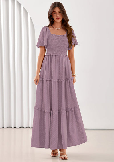 PRETTYGARDEN Summer Dresses for Women Boho Swiss Dot Smocked Square Neck Short Sleeve Spring Wedding Guest Maxi Dress PRETTYGARDEN