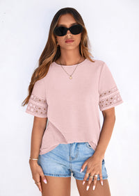 PRETTYGARDEN Summer Tops for Women Lace Short Sleeve T-Shirts Casual Blouses Spring Fashion Clothes Vacation Outfits PRETTYGARDEN