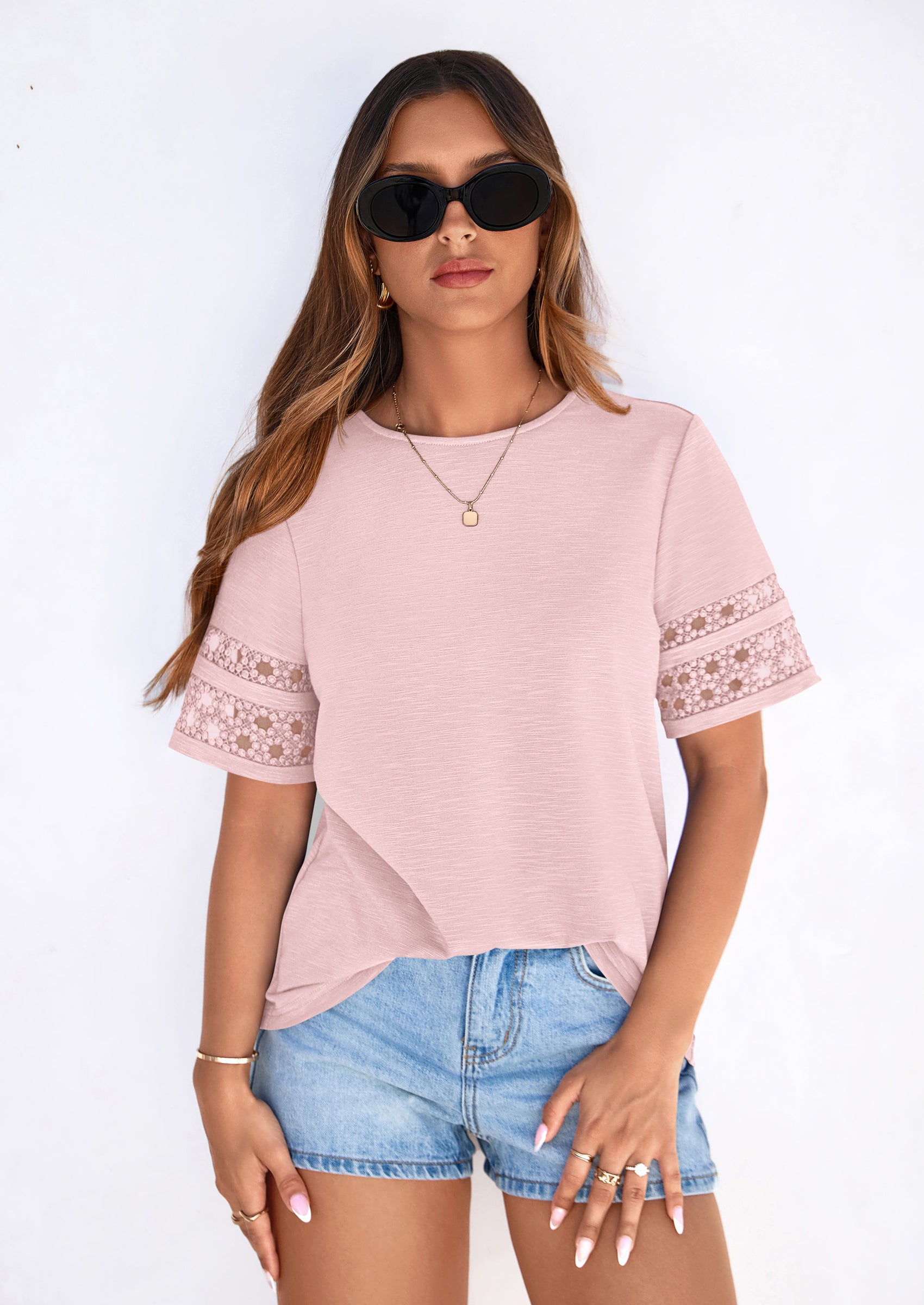 PRETTYGARDEN Summer Tops for Women Lace Short Sleeve T-Shirts Casual Blouses Spring Fashion Clothes Vacation Outfits PRETTYGARDEN