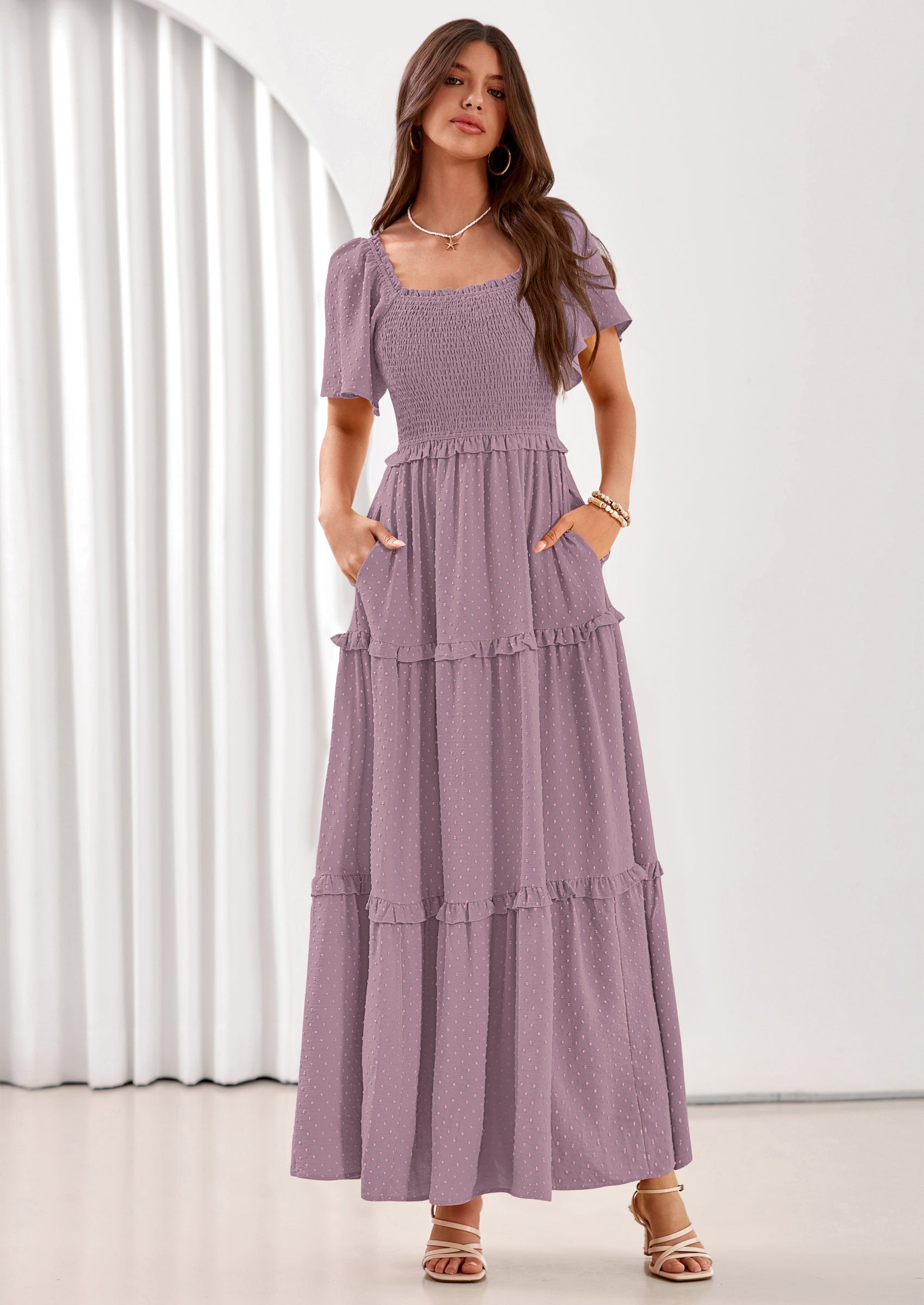 PRETTYGARDEN Summer Dresses for Women Boho Swiss Dot Smocked Square Neck Short Sleeve Spring Wedding Guest Maxi Dress PRETTYGARDEN