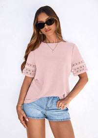 PRETTYGARDEN Summer Tops for Women Lace Short Sleeve T-Shirts Casual Blouses Spring Fashion Clothes Vacation Outfits PRETTYGARDEN