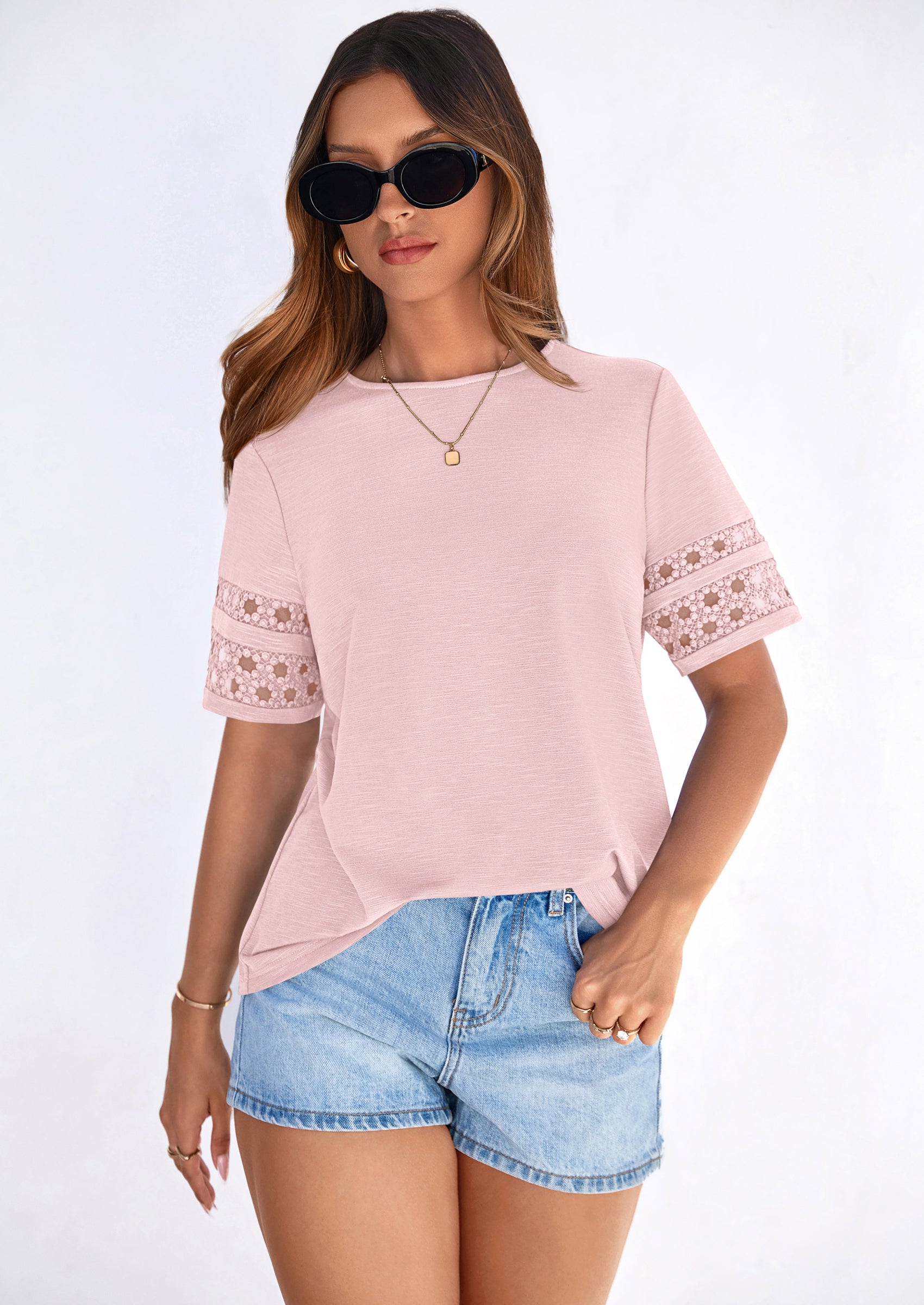 PRETTYGARDEN Summer Tops for Women Lace Short Sleeve T-Shirts Casual Blouses Spring Fashion Clothes Vacation Outfits PRETTYGARDEN