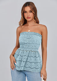 PRETTYGARDEN Tube Tops for Women Summer Strapless Off Shoulder Eyelet Smocked Peplum Trendy Going Out Boho Top