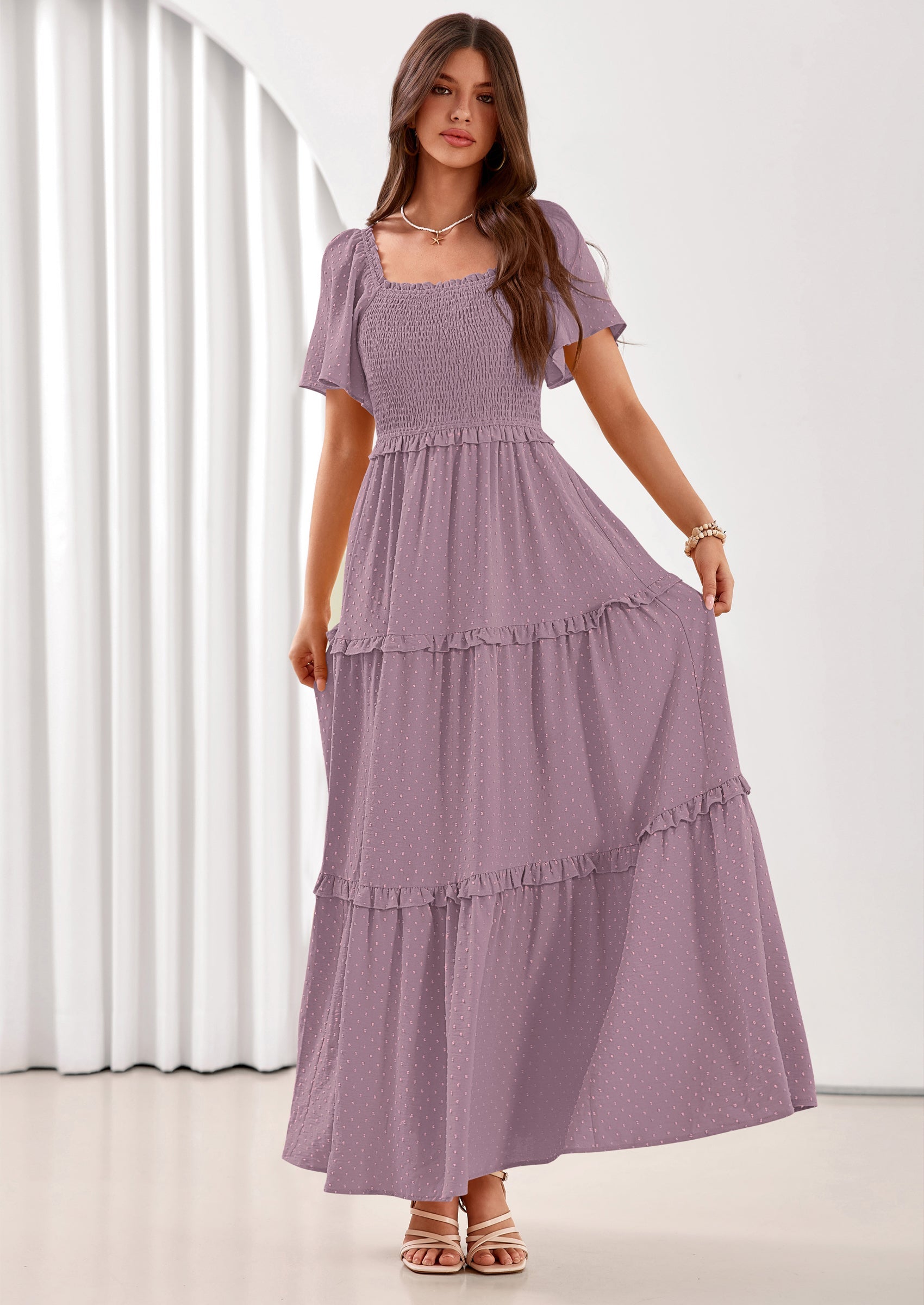 PRETTYGARDEN Summer Dresses for Women Boho Swiss Dot Smocked Square Neck Short Sleeve Spring Wedding Guest Maxi Dress PRETTYGARDEN