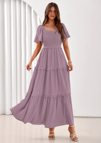 PRETTYGARDEN Summer Dresses for Women Boho Swiss Dot Smocked Square Neck Short Sleeve Spring Wedding Guest Maxi Dress PRETTYGARDEN