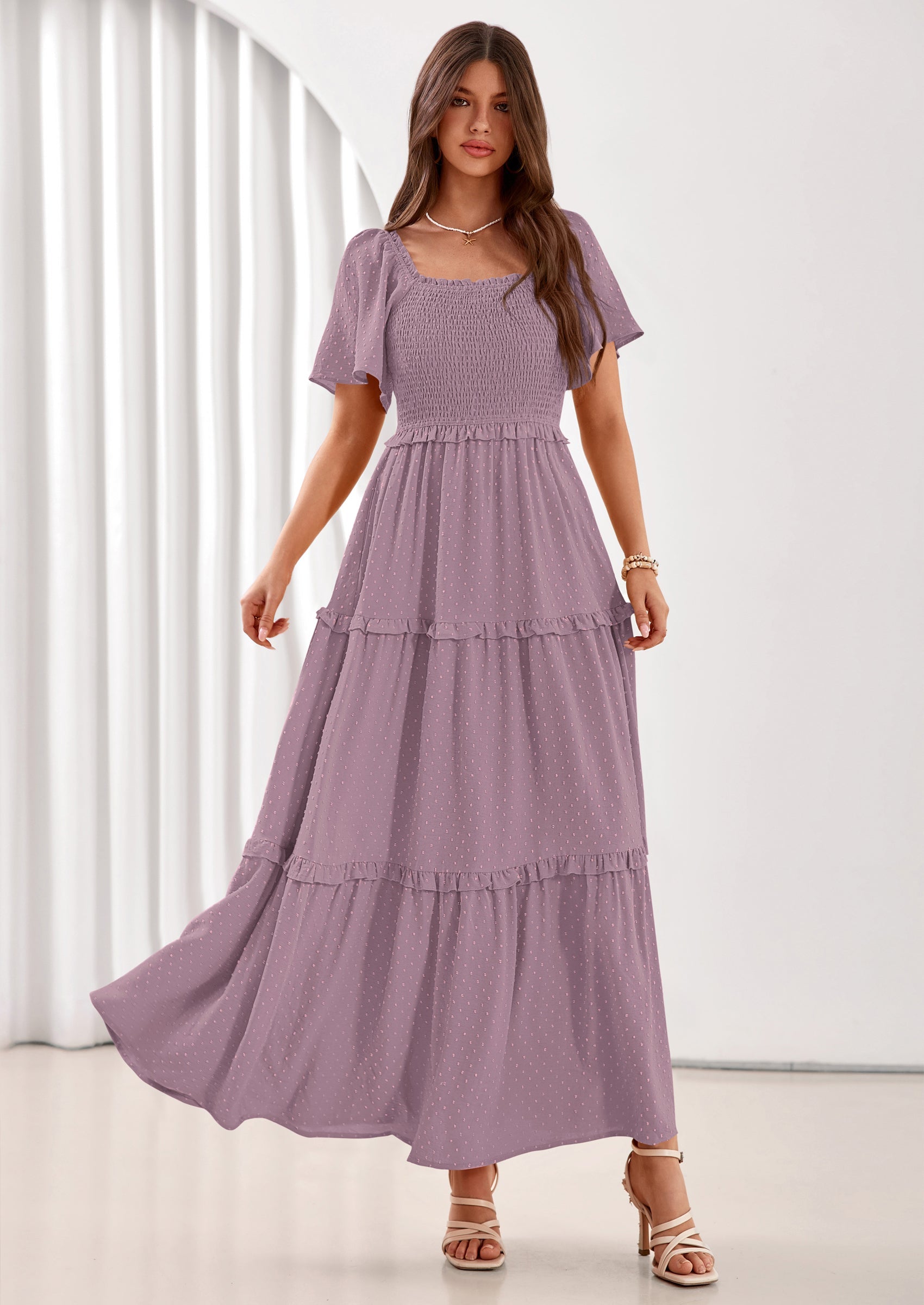 PRETTYGARDEN Summer Dresses for Women Boho Swiss Dot Smocked Square Neck Short Sleeve Spring Wedding Guest Maxi Dress PRETTYGARDEN