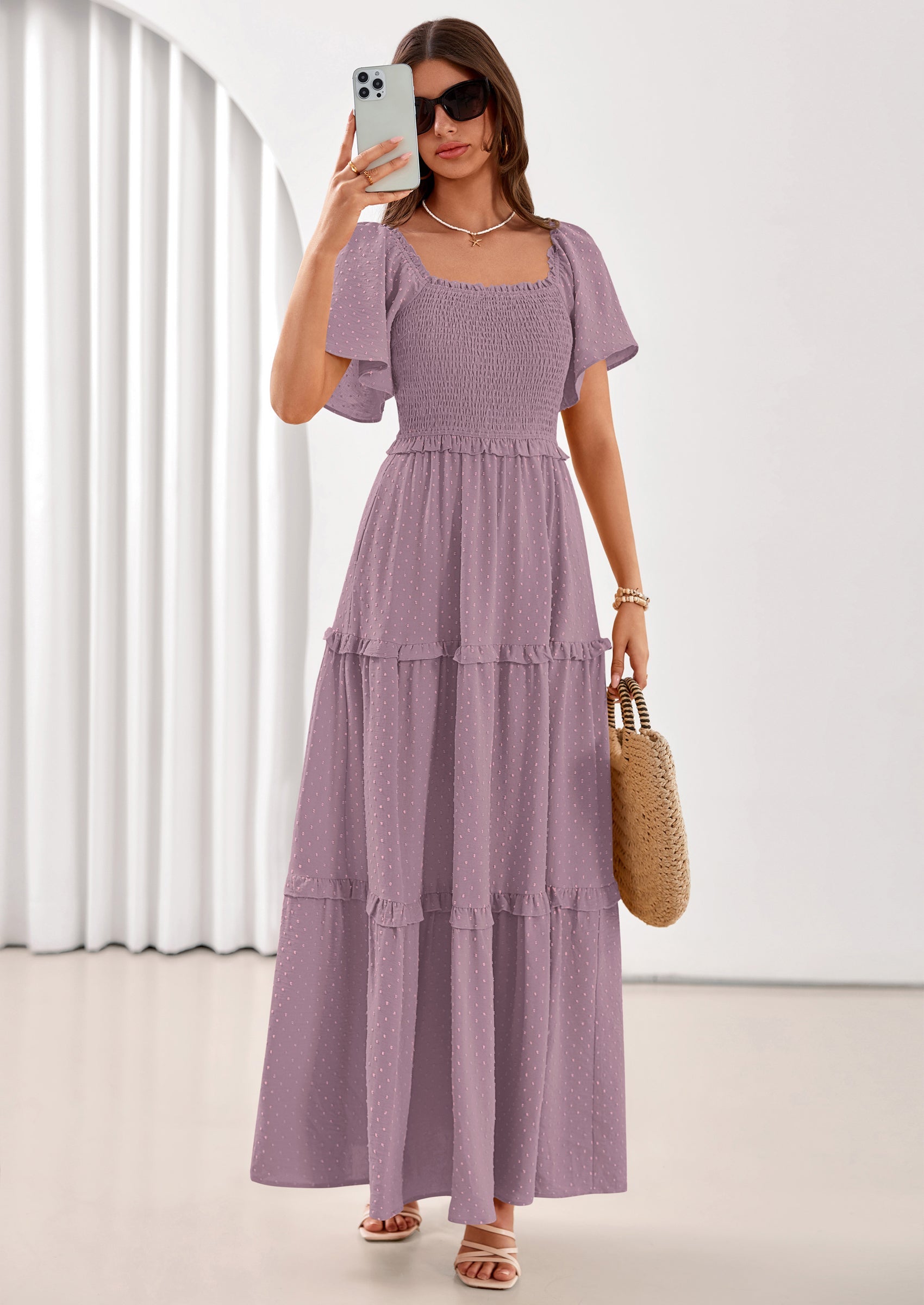 PRETTYGARDEN Summer Dresses for Women Boho Swiss Dot Smocked Square Neck Short Sleeve Spring Wedding Guest Maxi Dress PRETTYGARDEN