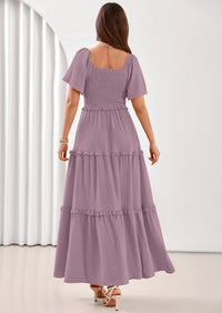 PRETTYGARDEN Summer Dresses for Women Boho Swiss Dot Smocked Square Neck Short Sleeve Spring Wedding Guest Maxi Dress PRETTYGARDEN