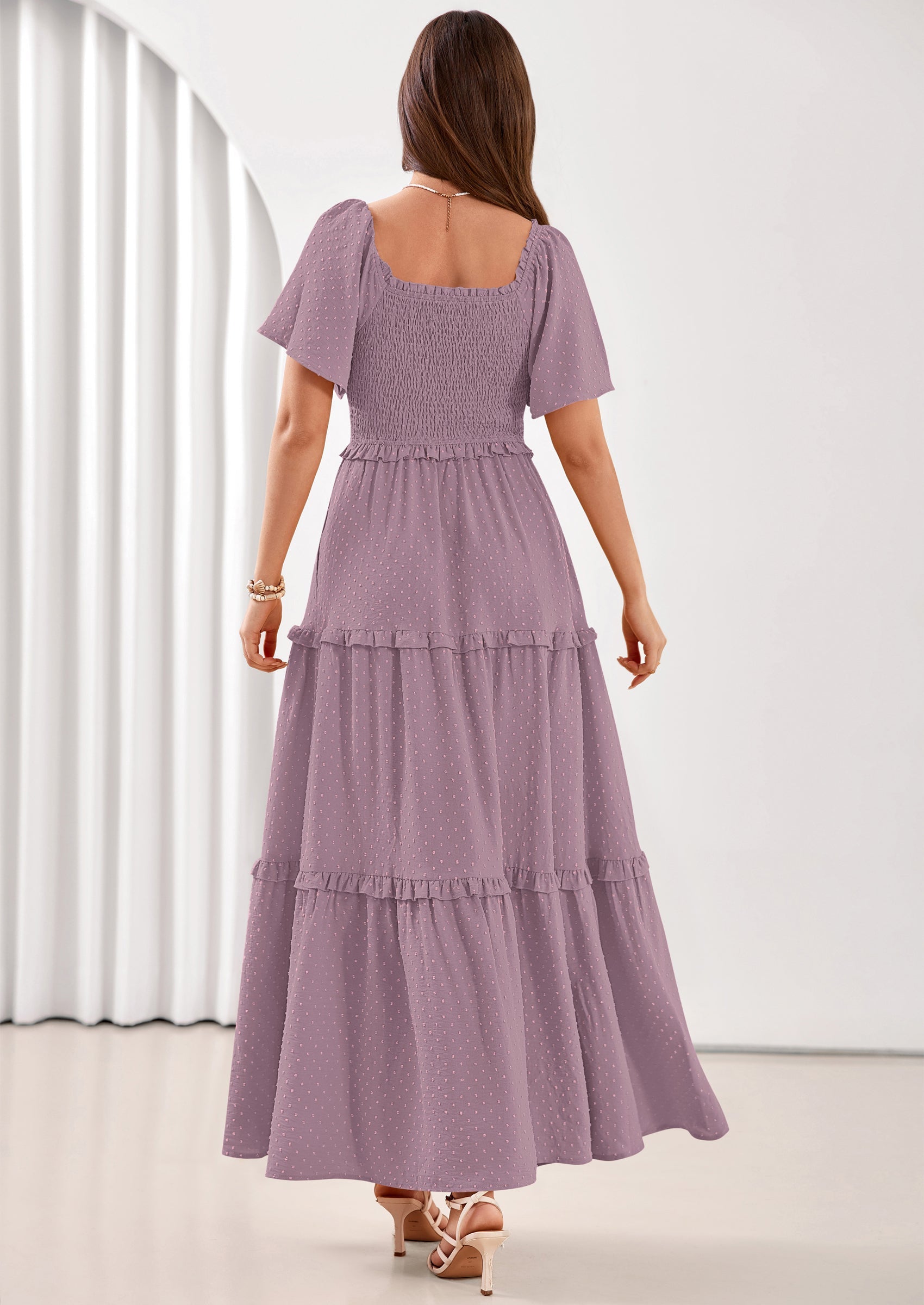 PRETTYGARDEN Summer Dresses for Women Boho Swiss Dot Smocked Square Neck Short Sleeve Spring Wedding Guest Maxi Dress PRETTYGARDEN