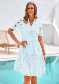 PRETTYGARDEN Women's Short Sleeve Mini Dress Summer V Neck Hollow Out Eyelet Ruffle A Line Swing Short Dresses