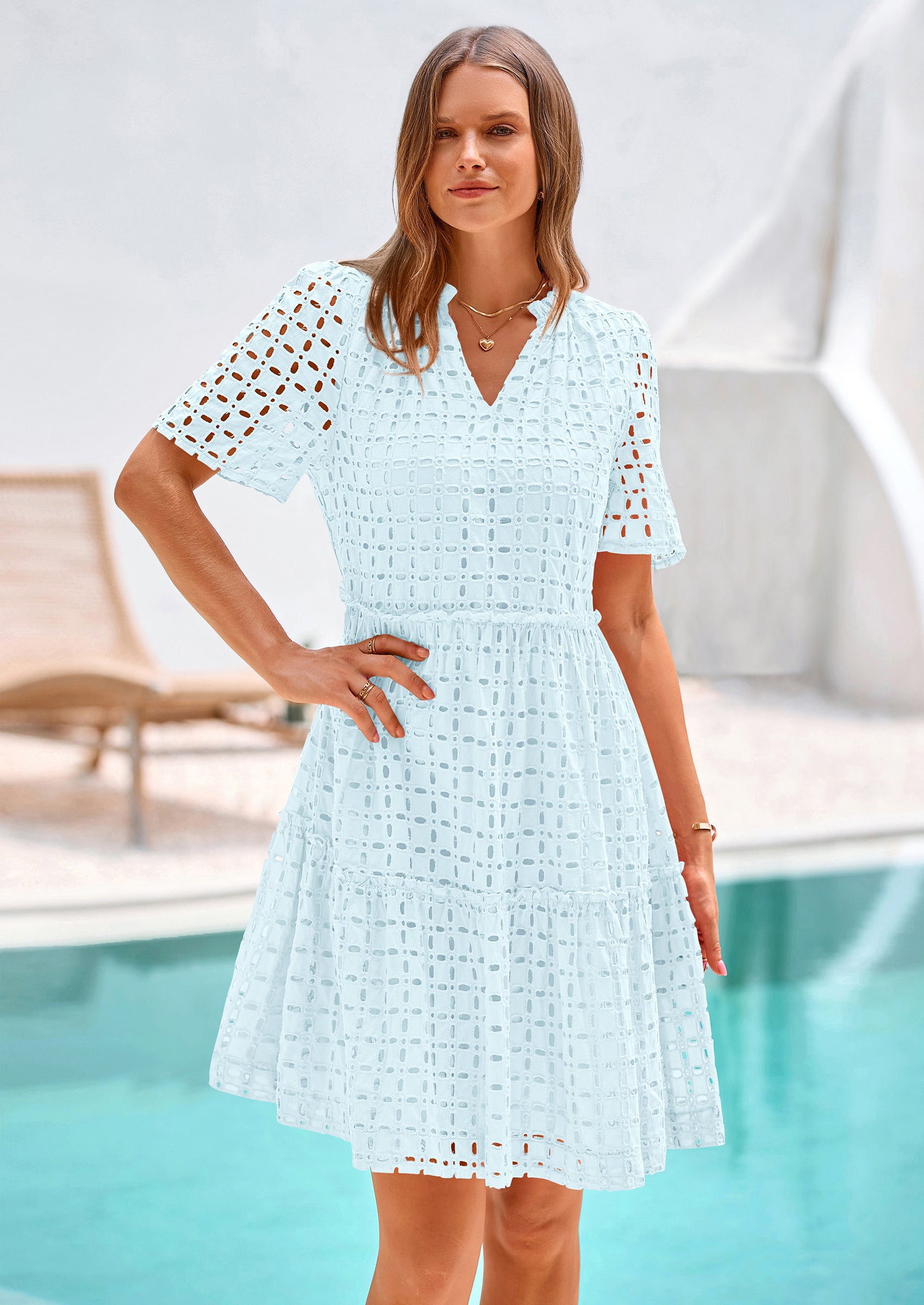 PRETTYGARDEN Women's Short Sleeve Mini Dress Summer V Neck Hollow Out Eyelet Ruffle A Line Swing Short Dresses