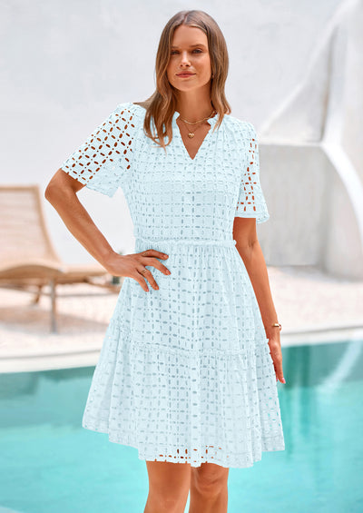 PRETTYGARDEN Women's Short Sleeve Mini Dress Summer V Neck Hollow Out Eyelet Ruffle A Line Swing Short Dresses