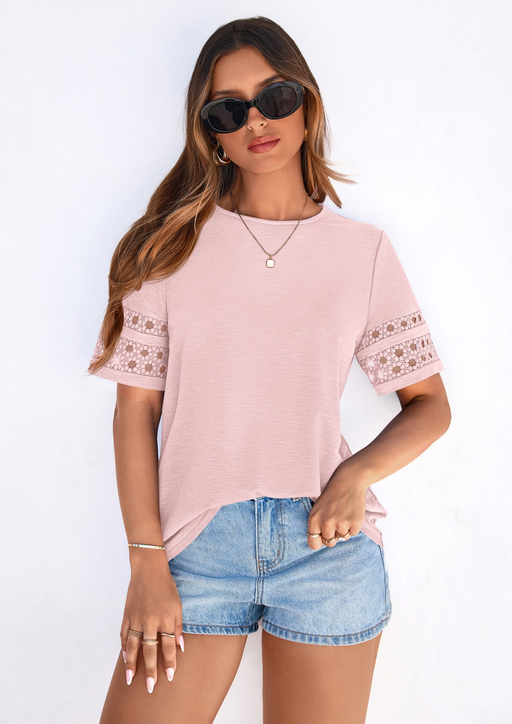 PRETTYGARDEN Summer Tops for Women Lace Short Sleeve T-Shirts Casual Blouses Spring Fashion Clothes Vacation Outfits PRETTYGARDEN