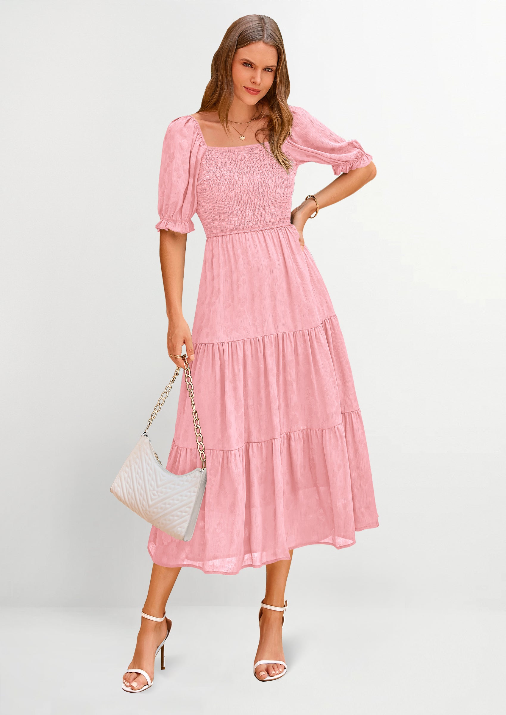 PRETTYGARDEN Women's Casual Midi Dresses Square Neck Short Sleeve Smocked A Line Floral Flowy Elegant Boho Dress