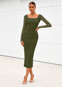 PRETTYGARDEN Midi Dresses for Women Fall Fashion Long Sleeve Ruched Bodycon Cocktail Party Wedding Guest Dress