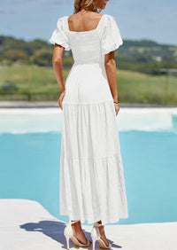 PRETTYGARDEN Womens Summer Puff Short Sleeve Maxi Dress Square Neck Smocked Tiered Ruffle A Line Long Flowy Beach Dresses