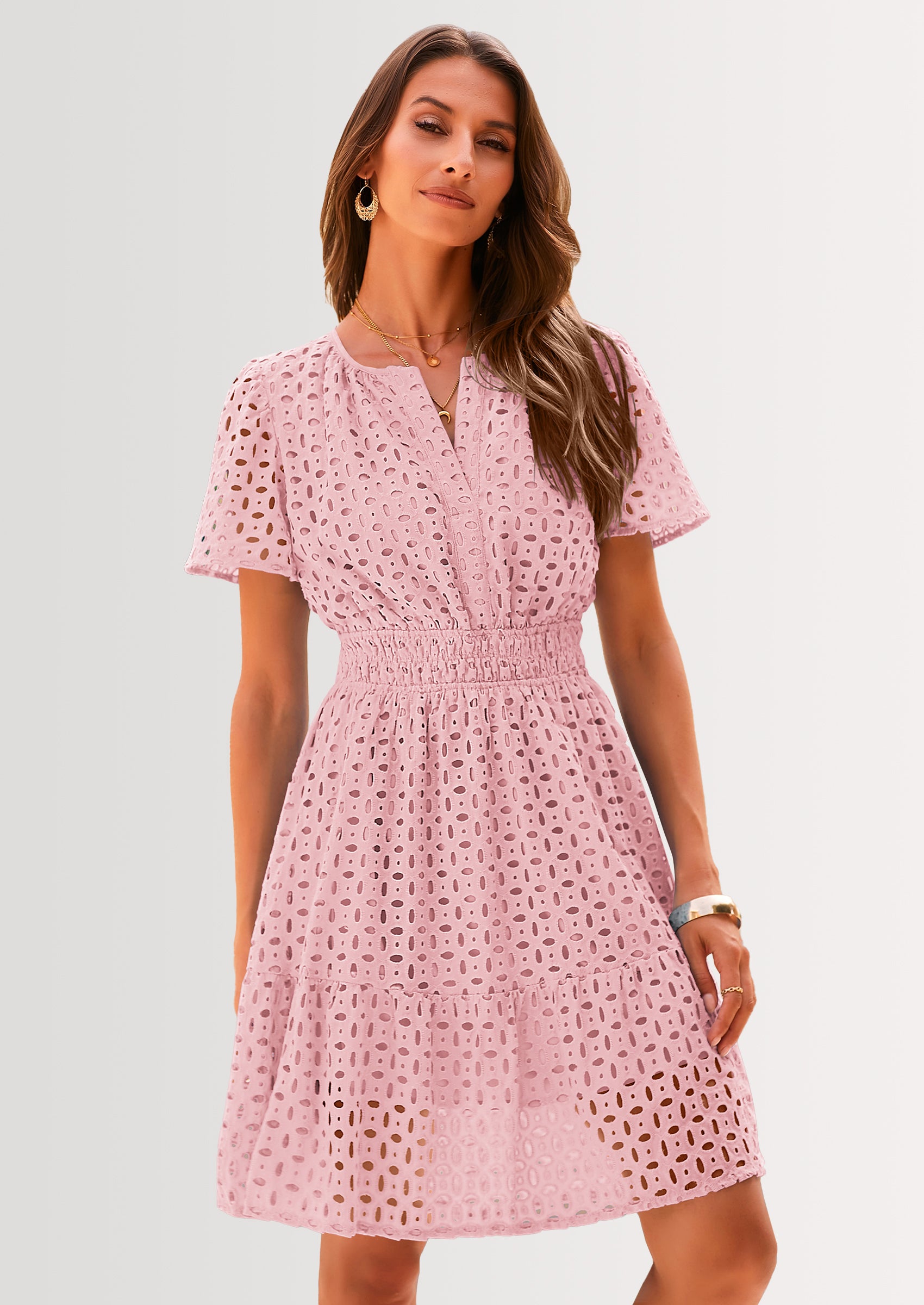 PRETTYGARDEN Women Summer Short Dress V Neck Short Sleeve A Line Hollow Out Lace Ruffle Cute Casual Beach Party Dresses