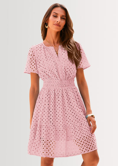 PRETTYGARDEN Women Summer Short Dress V Neck Short Sleeve A Line Hollow Out Lace Ruffle Cute Casual Beach Party Dresses