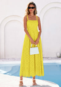 PRETTYGARDEN Womens Sleeveless Maxi Summer Dresses Hollow Out Eyelet Square Neck Ruffle Flowy Beach Vacation Sundress PRETTYGARDEN