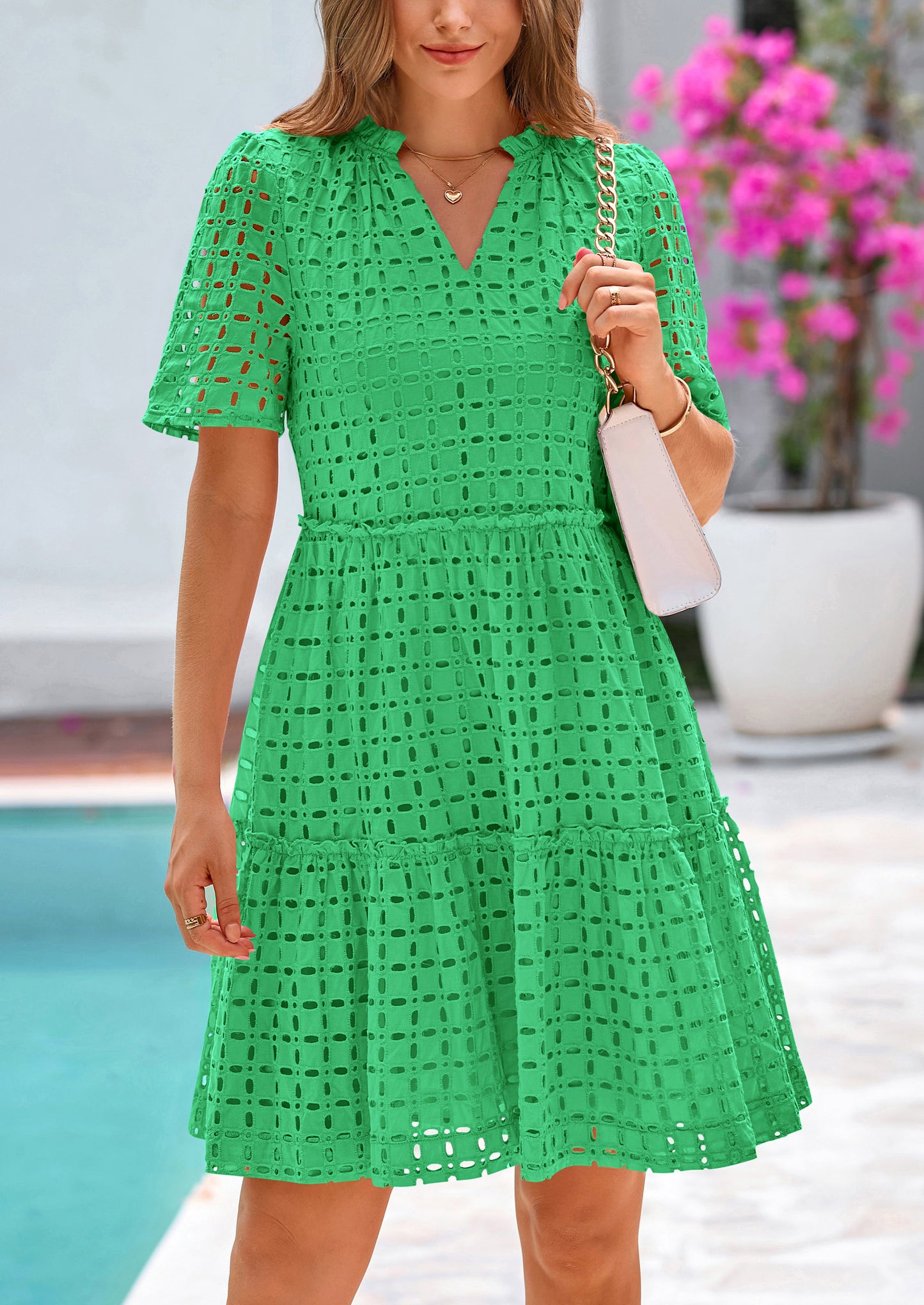 Women's Short Sleeve Mini Dress 2025 Summer V Neck Hollow Out Eyelet Ruffle A Line Swing Short Dresses