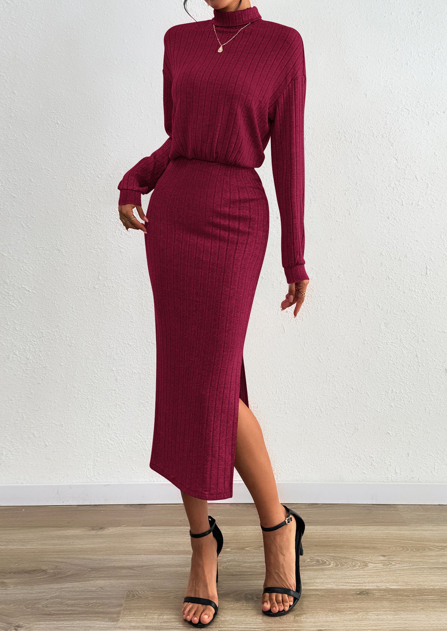 PRETTYGARDEN Turtle Neck Dresses for Women Fall Knit Outfits Slit Elastic Waist Long Sleeve Bodycon Midi Sweater Dress