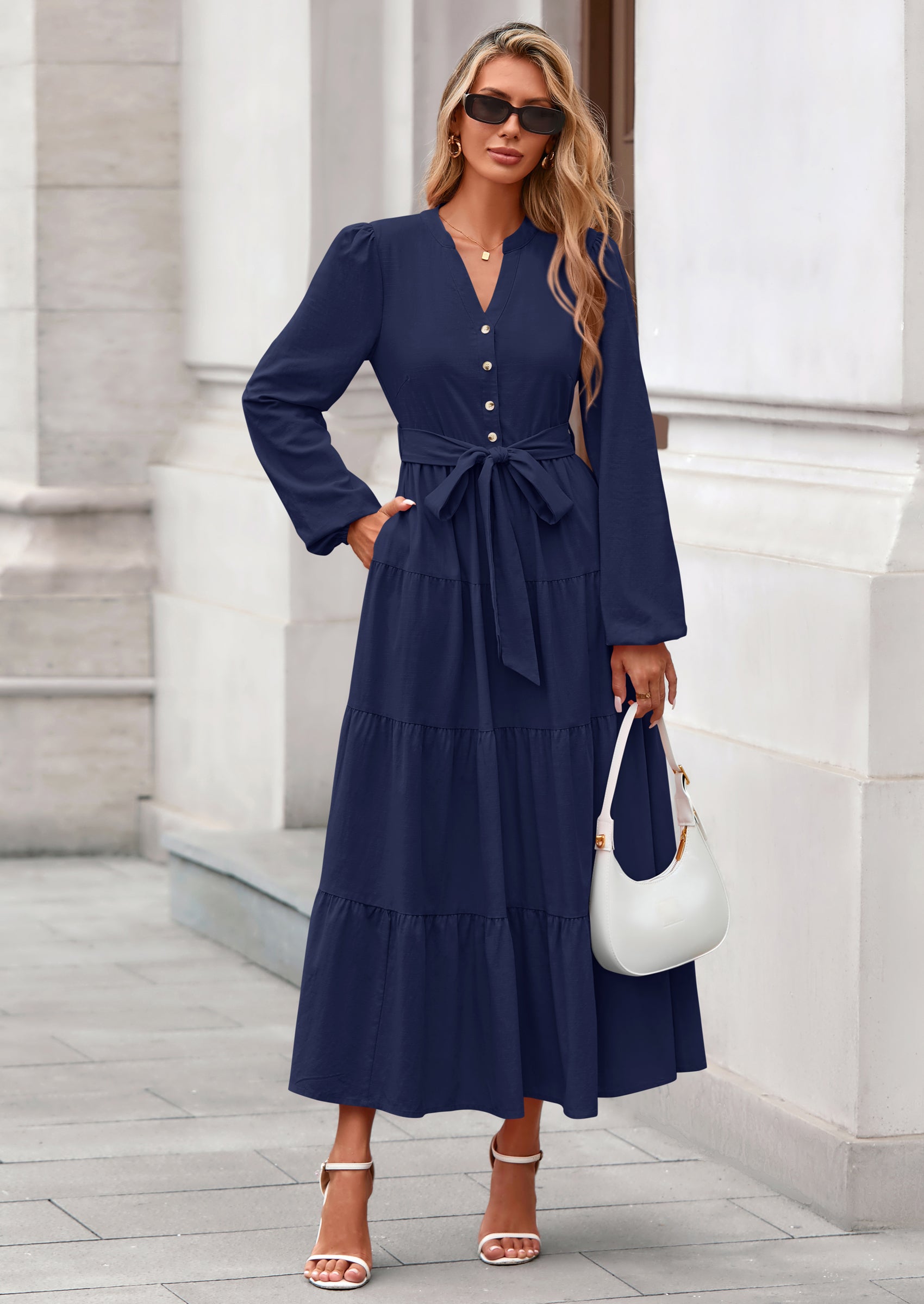 PRETTYGARDEN Fall Dresses for Women Long Sleeve V Neck Belted Ruffle A Line Flowy Boho Maxi Wedding Guest Dress Pockets