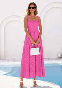 PRETTYGARDEN Womens Sleeveless Maxi Summer Dresses Hollow Out Eyelet Square Neck Ruffle Flowy Beach Vacation Sundress PRETTYGARDEN