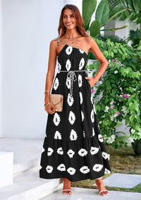 PRETTYGARDEN Women's Summer Maxi Dresses One Shoulder Printed Flowy Boho Beach Vacation Long Sundress