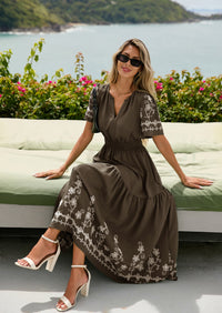 PRETTYGARDEN Women's Summer Boho Maxi Dress Spring Floral Short Sleeve V Neck A Line Flowy Beach Wedding Guest Dresses PRETTYGARDEN