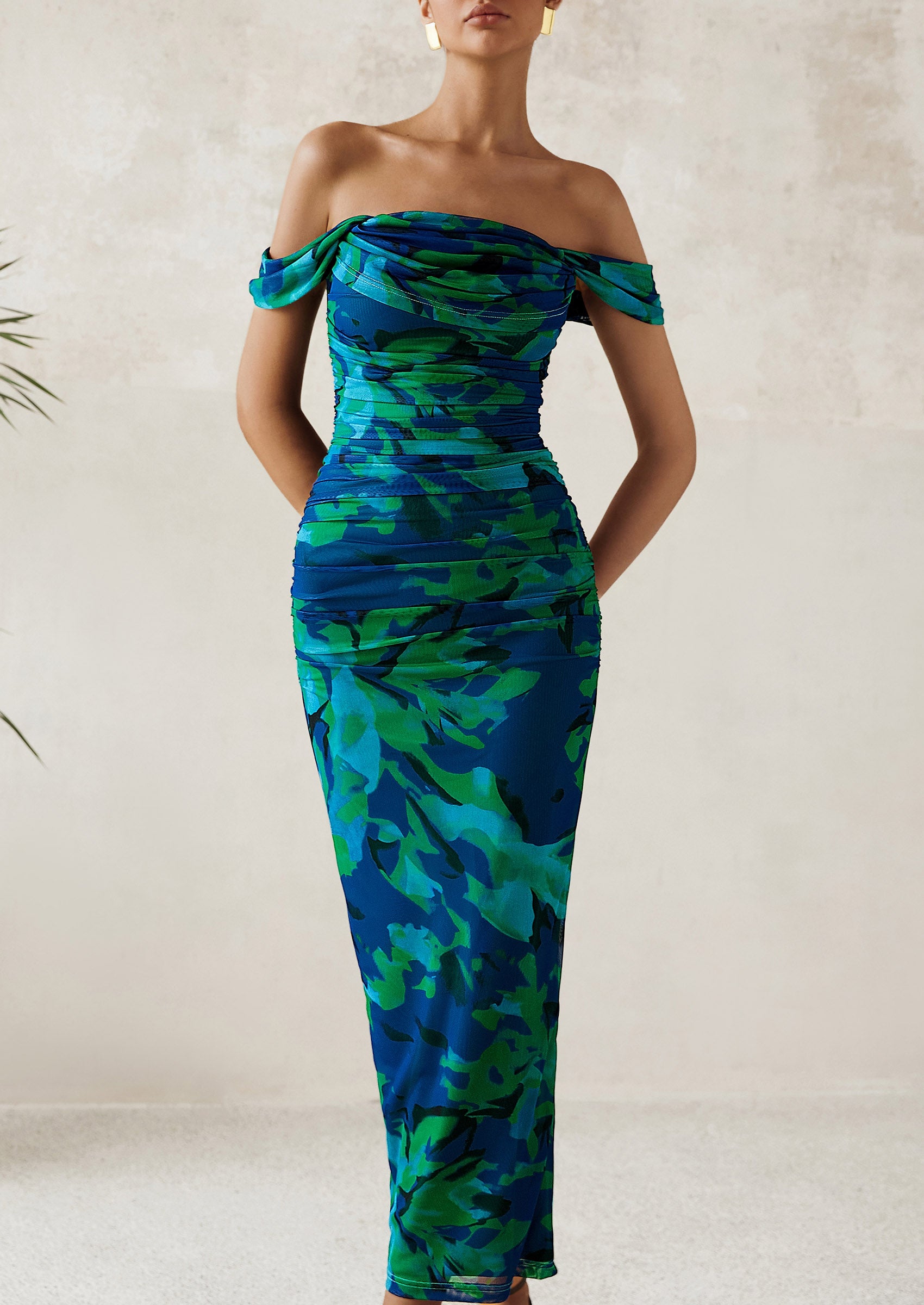 PRETTYGARDEN Maxi Dresses for Women Summer Elegant Floral Off Shoulder Ruched Mesh Cocktail Wedding Guest Dress