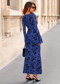 PRETTYGARDEN Women's Floral Bodycon Maxi Dress Fall Elegant Mesh Long Sleeve Formal Wedding Guest Cocktail Dresses