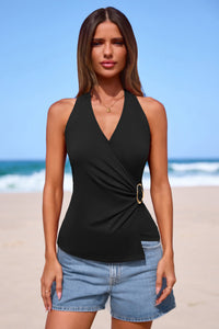 PRETTYGARDEN Womens Halter Top Spring Tie Wrap Sleeveless Ruched V Neck Fitted Summer Tops Backless Fashion Y2k Clothes PRETTYGARDEN