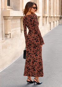 PRETTYGARDEN Women's Floral Bodycon Maxi Dress Fall Elegant Mesh Long Sleeve Formal Wedding Guest Cocktail Dresses