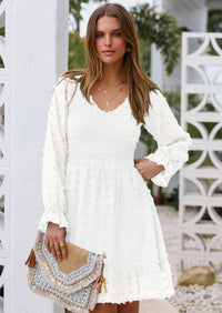 BTFBM Spring Dresses for Women 2026 Long Sleeve Casual V Neck Swiss Dot Smocked Ruffle Chiffon Flowy Mini Summer Dress PRETTYGARDEN