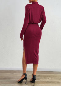 PRETTYGARDEN Turtle Neck Dresses for Women Fall Knit Outfits Slit Elastic Waist Long Sleeve Bodycon Midi Sweater Dress