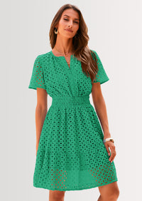 PRETTYGARDEN Women Summer Short Dress V Neck Short Sleeve A Line Hollow Out Lace Ruffle Cute Casual Beach Party Dresses